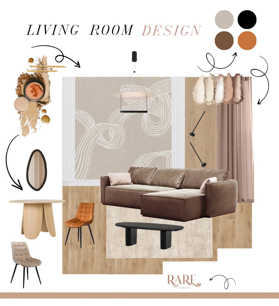 În acest living room cu zonă pentru servit masa am îmbinat elemente minimaliste în tonuri calde alături de materiale confortabile. Piesele cu colțuri rotunjite și forme atipice alături de grafica tapetului, care schițează o panglică în bătaia vântului, sunt elemente ce aduc natura în spațiul amenajat.