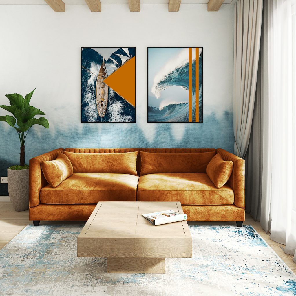 Pentru living-ul în stil modern costal, la alegerea culorilor, am folosit regula 60% - 30% - 10%. Canapeaua este punctul de interes, astfel am optat pentru o culoare îndrăzneață , în contrast cu nuanțele de albastru- verzui, stejar și alb. Tapetul creionează subtil prin tehnica acuarelei valurile mării, pe când oranjul aduce aminte de apusul soarelui pe luciul apei. Grinzile false realizate din PAL împreună cu panourile riflate și mobilierul alb din MDF frezat completează amenajarea.