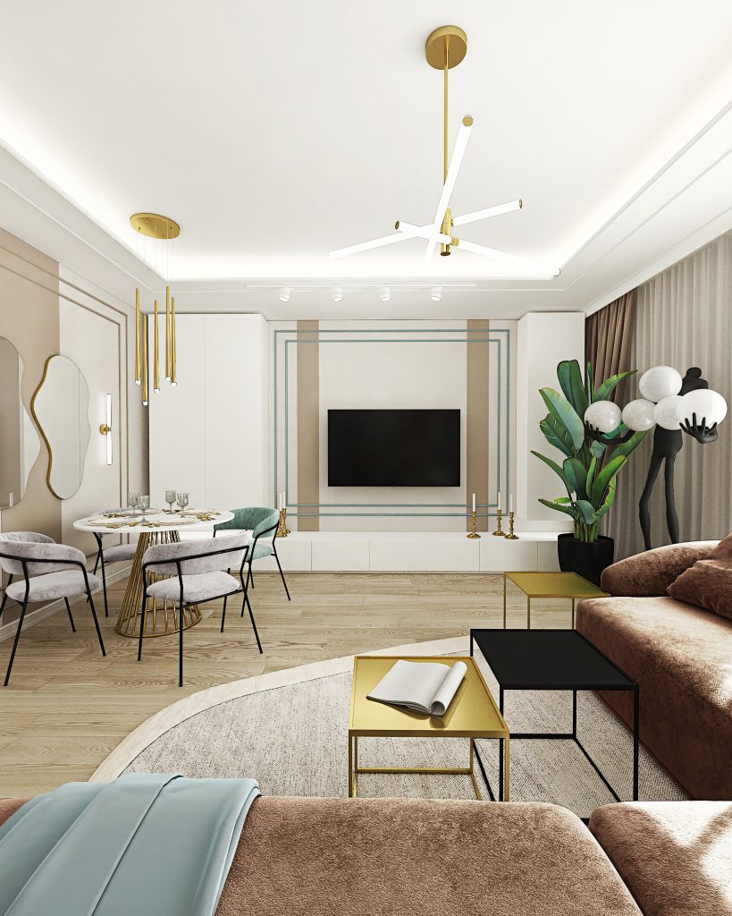 Living room in stil contemporan modern cu loc de luat masa, tematica inspirata din natura si elemente metalice aurii