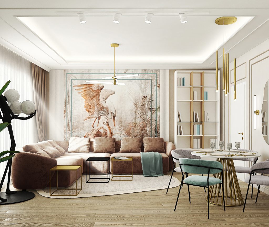 Living room in stil contemporan modern cu loc de luat masa, tematica inspirata din natura, elemente metalice aurii si canapea tapitata