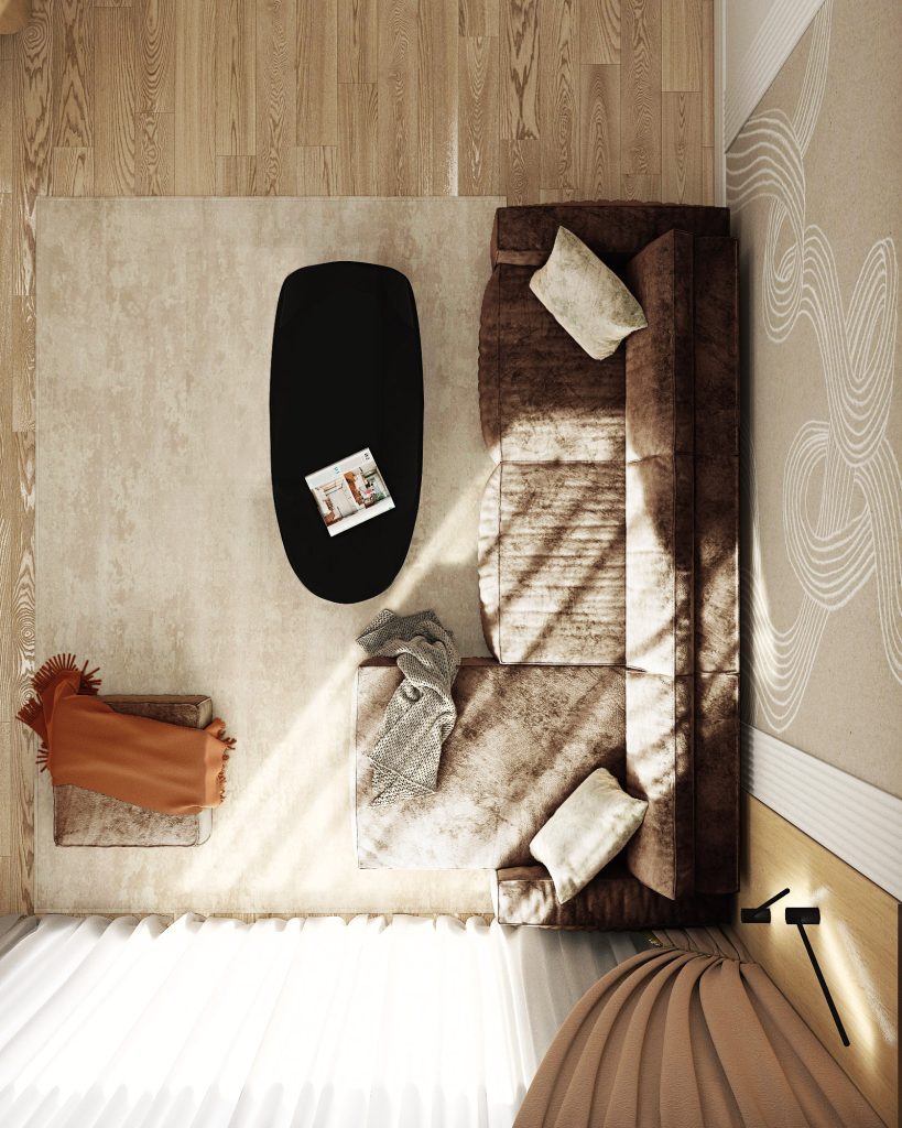 În acest living room cu zonă pentru servit masa am îmbinat elemente minimaliste în tonuri calde alături de materiale confortabile. Piesele cu colțuri rotunjite și forme atipice alături de grafica tapetului, care schițează o panglică în bătaia vântului, sunt elemente ce aduc natura în spațiul amenajat.